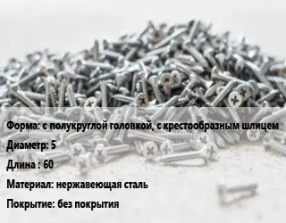 Шуруп с полукруглой головкой, с крестообразным шлицем 5х60 нержавеющая сталь без покрытия